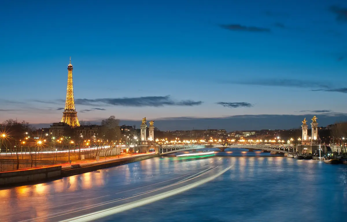 The Seine at night with Pont Alexandre III and the Eiffel Tower